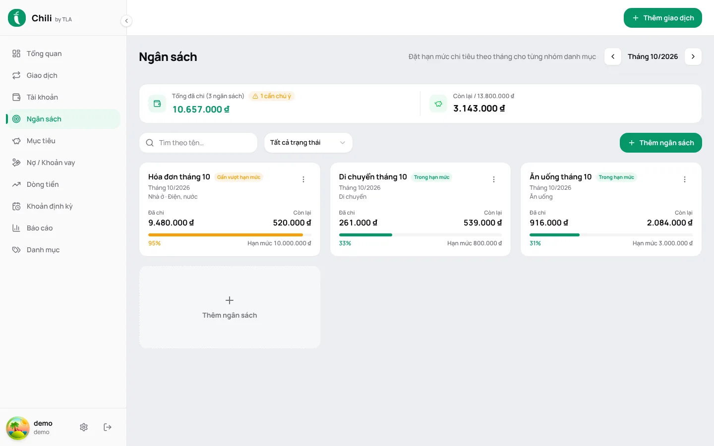Chili budgets page for October 2026 with three budgets, their spent amounts, remaining amounts and progress bars