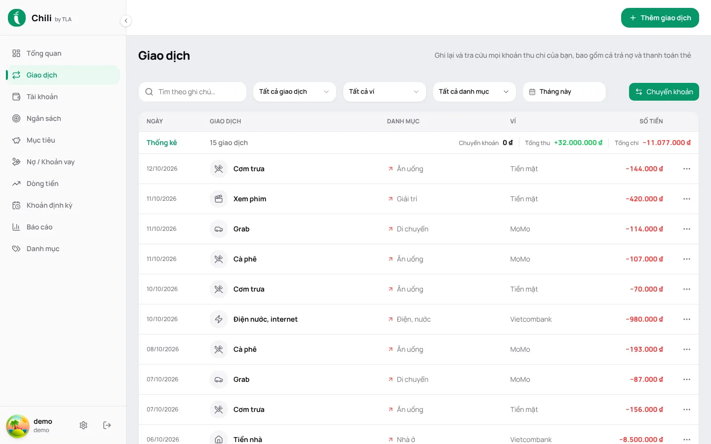 Chili transactions list with filters by type, wallet, category and month, and totals for the filtered range